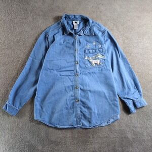 WWF Denim Shirt Women's Size 14 16 Polar Bear‎ Snowflakes Embroidered Button Up